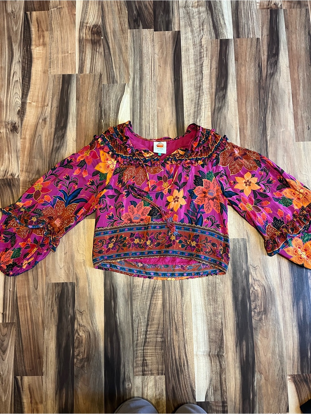 FARM Rio Pink Floral Ruffle Crop Top with Orange Accents